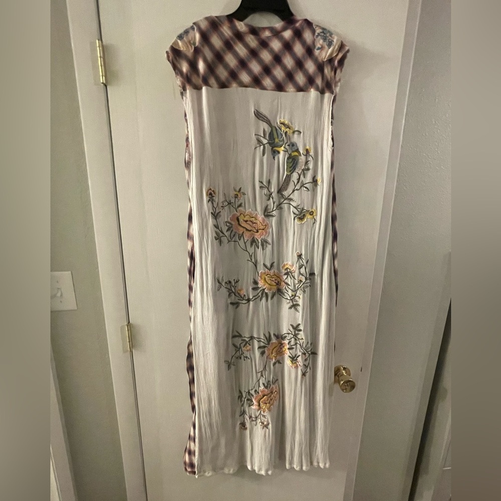 Aratta Plaid Maxi Dress with Floral Embroidery - Burgundy, Cream, Teal, Red - Picture 2 of 4